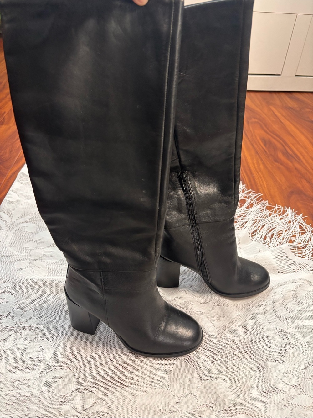 Black leather calf heeled boots